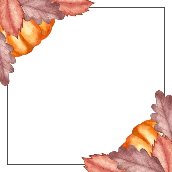 Aquarell Handbemalt Natur Herbst Karierten Rahmen Mit Orangefarbenen Kürbis Rot — Stockfoto