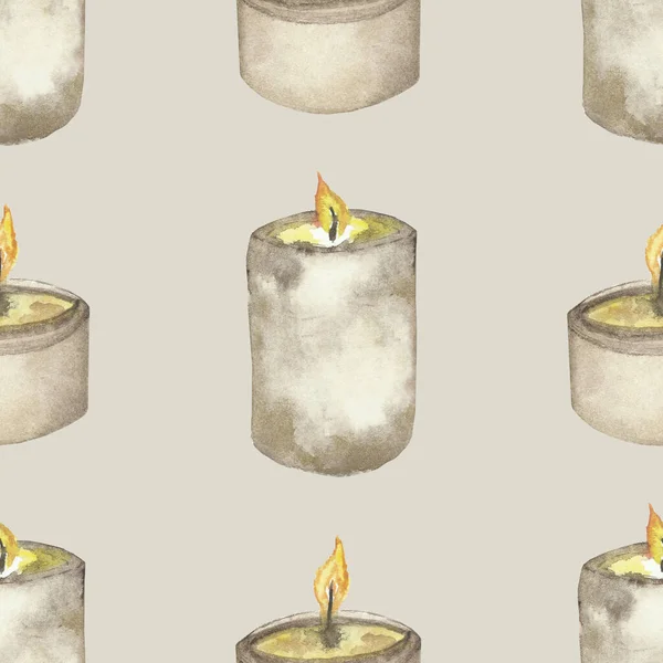 Aquarel Hand Geschilderd Kaarslicht Decoratie Naadloos Patroon Met Brandende Kaarsen — Stockfoto