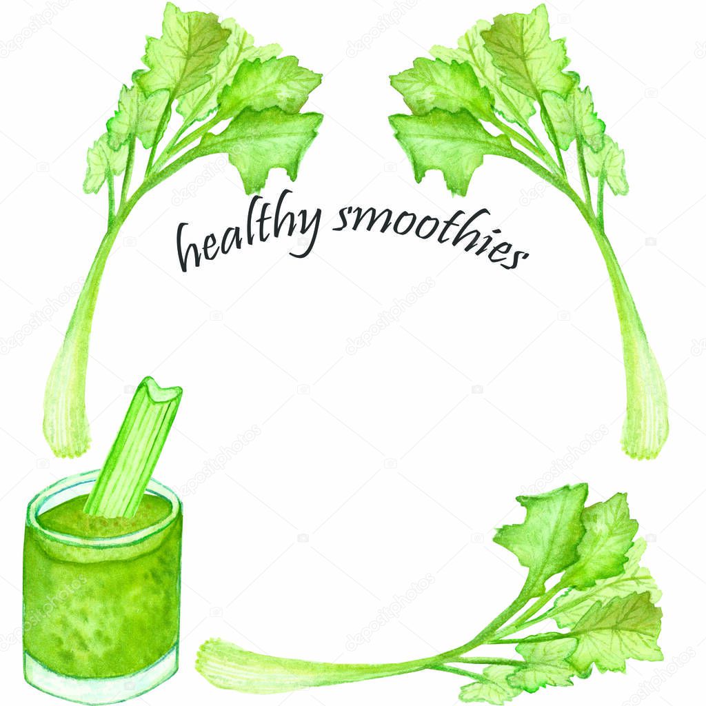 Watercolor hand painted nature fresh food frame with green celery leaves on branches and juice celery stick composition on the white background with healthy smoothies text for invite and greeting card