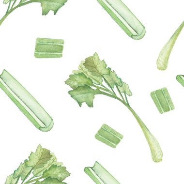 Suluboya el, organik baskı tasarımı için beyaz arka planda yeşil kereviz sapı, dalı, yaprakları ve dilimleri olan sağlıklı besinler çizdi.