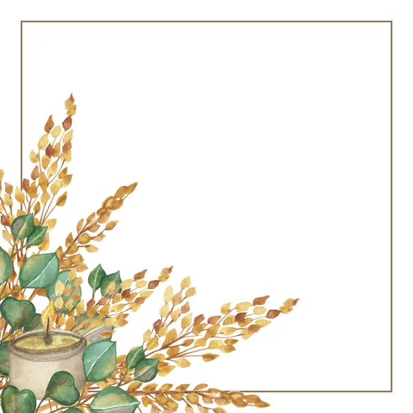 Aquarell Handbemalter Naturrandrahmen Mit Grünen Eukalyptusblättern Goldenen Roggen Getreidezweigen Und — Stockfoto