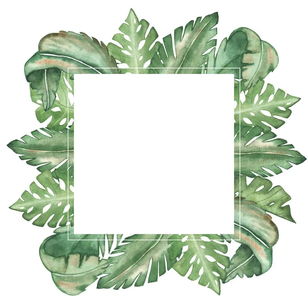 Watercolor Hand Painted Nature Squared Border Tropical Frame Green Different — Stock Photo, Image