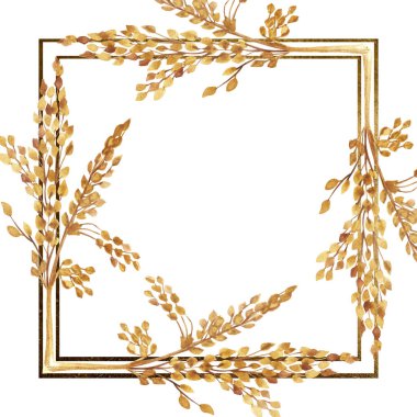 Suluboya el boyası doğa tahıl tarlası kare sınır çerçevesi sarı tahıl dalları ve altın çizgiler kompozisyonu beyaz arka planda davetiye ve metin için yeri olan tebrik kartı