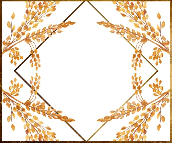 Ромб Желтыми Ветвями Зерновых Золотистыми Линиями Белом Фоне Приглашения Поздравительной — стоковое фото