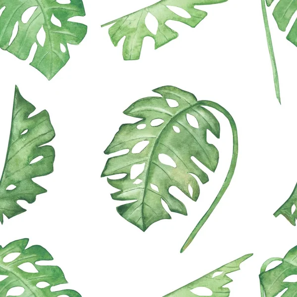 水彩画手绘自然热带植物无缝图案与绿色棕榈香蕉不同的质感叶子隔离在白色背景上进行有机夏季打印设计 — 图库照片