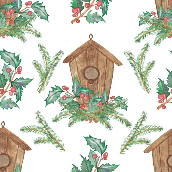 Watercolor Hand Painted Nature Winter Holiday Seamless Pattern Brown Wooden — Stock Photo, Image