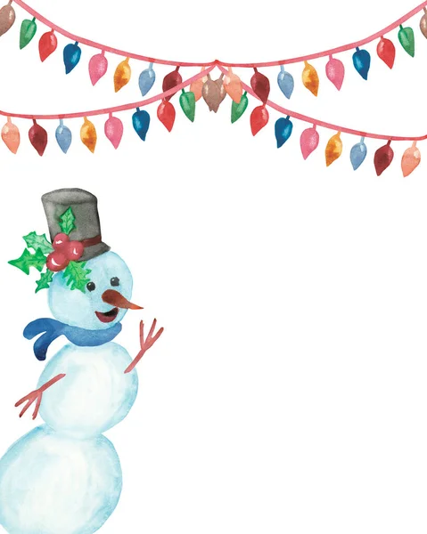 Aquarel Hand Geschilderd Wintervakantie Compositie Met Blauwe Sneeuwpop Met Hoed — Stockfoto
