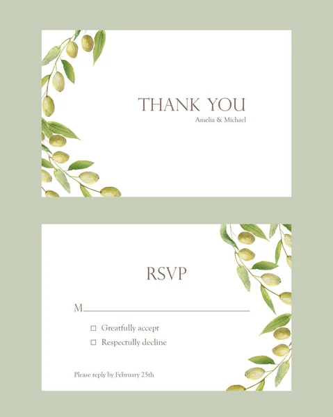 Watercolor Hand Painted Nature Wedding Frames Set Green Olives Branches — Fotografia de Stock