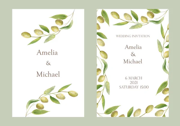 Aquarell Handbemalt Natur Zwei Hochzeitsrahmen Mit Grünen Oliven Auf Zweigzusammensetzung — Stockfoto