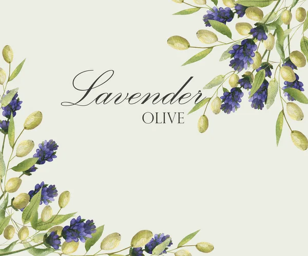 Watercolor hand painted nature provence border frame with purple lavender flowers and green olive branches and leaves bouquet on the light yellow background with text for invite and greeting card