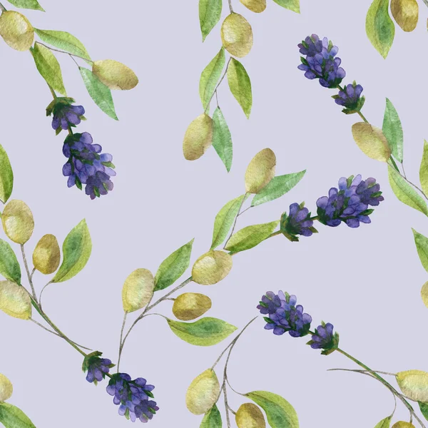 Akwarela Ręcznie Malowane Natura Provence Kwiatowy Bezszwowy Wzór Purpurowe Kwiaty — Zdjęcie stockowe