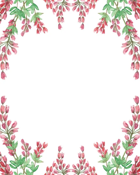 水彩手描き自然ハーブ枠ピンクの花のヘザーの花と緑の葉の組成は テキストのためのスペースを招待し グリーティングカードのための白い背景に — ストック写真