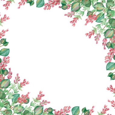 Suluboya el resmi doğa bitkisel kare kenar çerçeve pembe kenevir çiçekleri ve yeşil okaliptüs dalları ile beyaz arka planda davet ve metin için boşluk ile tebrik kartı