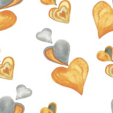 Suluboya el, sevgililer günü baskısı için beyaz arka planda izole edilmiş turuncu ve gümüş kalp şekilli kusursuz bir aşk deseni çizdi.