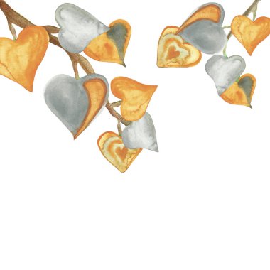 Suluboya el boyası doğa aşk kompozisyonu turuncu ve gri başlı ağaçlar üzerinde şekillenir sevgililer günü kartı tasarımı için beyaz arka planda