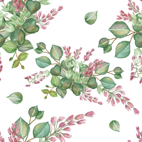 Akvarell Handmålad Natur Blommig Sömlös Mönster Med Rosa Blomma Ljung — Stockfoto