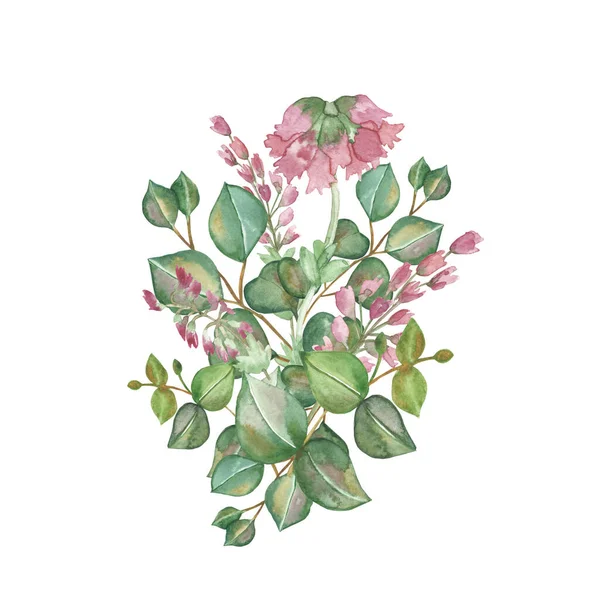 손으로 천연색 꽃다발에 분홍색 유칼립투스 수선화는 낭만적 디자인을 배경의 구성에 — 스톡 사진