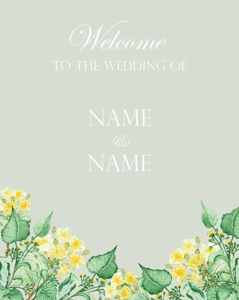 Watercolor Hand Painted Nature Floral Wedding Frame Yellow Lime Blossom — Stock Photo, Image