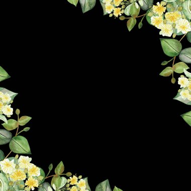 Suluboya el boyası doğa köşesi çerçevesi sarı kireç çiçekleri ve yeşil okaliptüs yaprakları ile siyah arka planda davet için çiçek ve metin için yeri olan tebrik kartı.