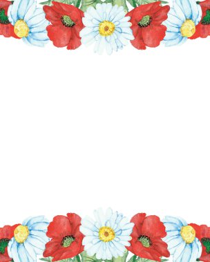 Suluboya el, davetiye için beyaz arka planda kırmızı haşhaş ve beyaz papatya çiçekleri olan doğal afiş sınır çerçevesini ve metin için yeri olan tebrik kartını boyadı.