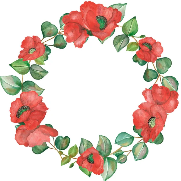 Akvarel Ručně Malované Příroda Květinový Kruh Rámeček Červeným Mákem Květiny — Stock fotografie