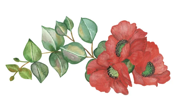 Akvarel Ručně Malované Příroda Květinové Složení Červeným Mákem Květiny Zelené — Stock fotografie