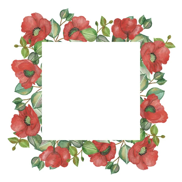 Watercolor hand painted nature floral squared border frame with red poppy flowers and green eucalyptus leaves bouquet on the white background for invitation and greeting card
