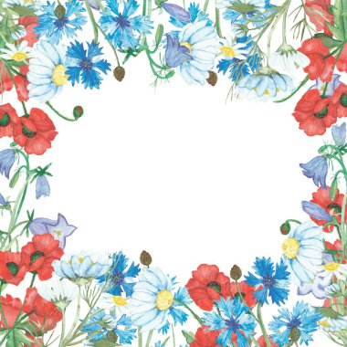 Suluboya el boyası, kırmızı haşhaş, beyaz papatya çayı, leylak çiçekleri ve mavi mısır çiçeği buketi ile birlikte doğanın çiçek karesi çerçevesini, davetiye ve tebrik kartı için beyaz arka planda boyadı.