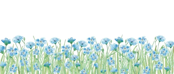 青いリネンの亜麻の花と緑の草の組成物と水彩手描きの自然花のバナーラインテキストのためのスペースを招待し グリーティングカードのための白い背景 — ストック写真