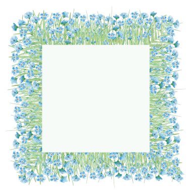 Suluboya el, doğanın çiçek karesini mavi keten keten çiçekli ve yeşil dallı çerçeveyle birlikte beyaz arka planda davetiye ve metin için yeri olan tebrik kartı olarak boyadı.