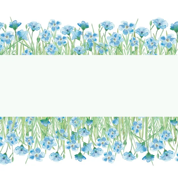 Akvarell Handmålad Natur Blommig Banner Ram Med Blå Linne Blommor — Stockfoto