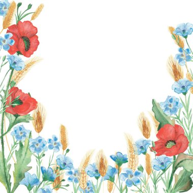 Suluboya el, kırmızı haşhaş, mavi keten keten çiçekleri yeşil dala ve sarı çavdar gevreği buketi ile birlikte doğayı boyadı. Davet ve tebrik kartı için. 