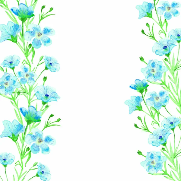 Акварелью Раскрашены Цветочные Цветочные Рамки Природы Голубым Льняным Цветком Цветы — стоковое фото