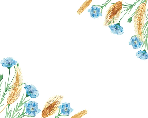 Akvarell Kézzel Festett Természet Mező Sarok Kompozíció Kék Búzavirág Sárga — Stock Fotó