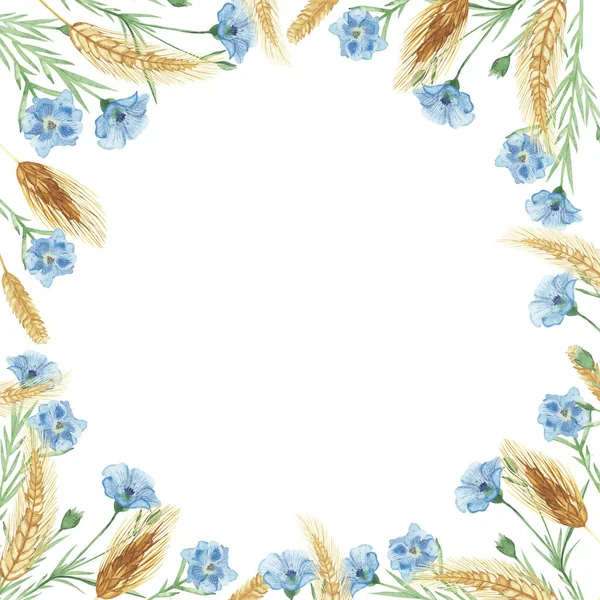 水彩手描き自然花の正方形の枠と青いコーンフラワーと黄色のライヤーシリアル組成招待状とグリーティングカードのデザインのための白い背景に — ストック写真