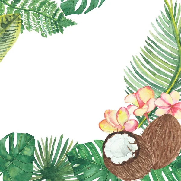 Aquarell Handbemalten Natur Tropischen Rahmen Mit Grünen Palmblättern Rosa Plusblüten — Stockfoto
