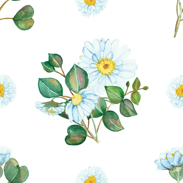 Akvarel Ručně Malované Přírody Bezešvý Vzor Bílými Květy Heřmánku Květiny — Stock fotografie