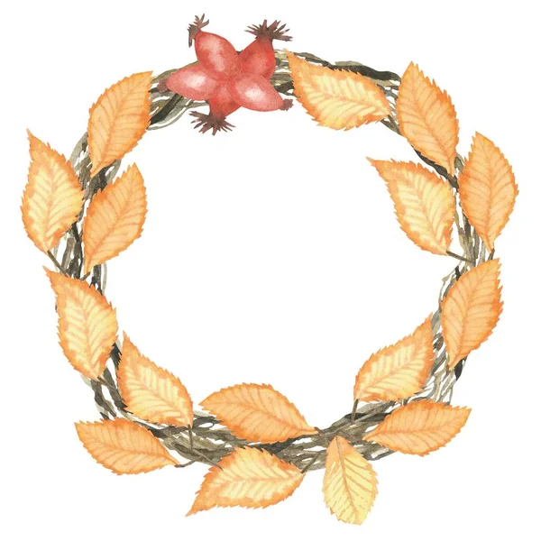 Aquarell Handbemalt Natur Herbst Kreis Rahmen Mit Gelben Blättern Braunen — Stockfoto