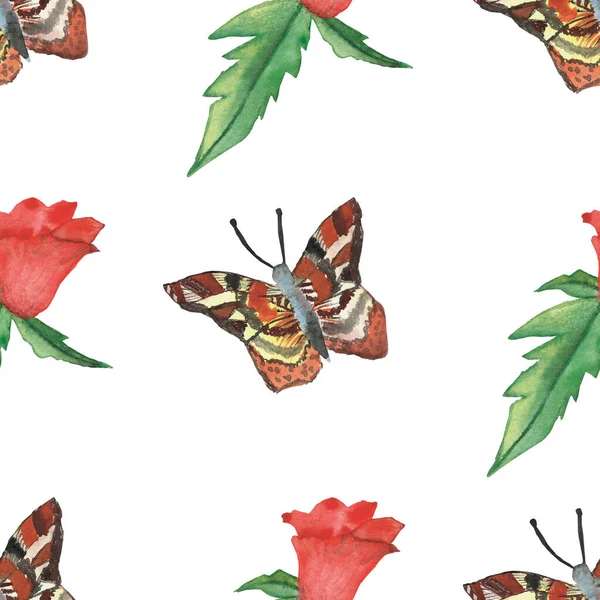 水彩手描き自然花の野生動物のシームレスなパターン装飾茶色の蝶と印刷デザインのための白い背景に隔離された緑の葉と赤ケシの花 — ストック写真