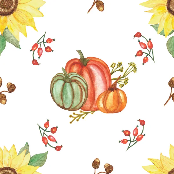 Watercolor hand painted nature autumn plants seamless pattern with red, orange and green pumpkins, yellow sunflower, acorn and red rosehip berries isolated on the white background for print design