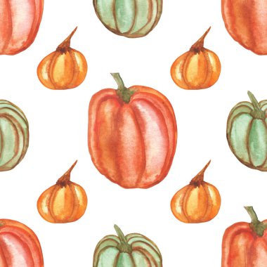 Suluboya el boyası doğayı boyadı sonbahar bitkileri kusursuz desenli kırmızı, turuncu ve yeşil kabaklı Cadılar Bayramı için beyaz arka planda izole edilmiş, Şükran Günü baskısı tasarımı