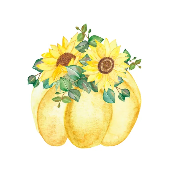 Akvarel Ručně Malované Příroda Podzim Rostlinné Složení Žlutými Slunečnice Zelené — Stock fotografie