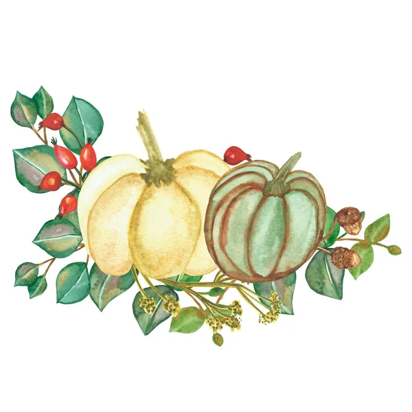 Watercolor Hand Painted Nature Autumn Plant Composition Yellow Green Pumpkin — Stock Photo, Image