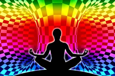 Tuhaf renkli yuvarlak odada kadın yoga figürü silueti.. 