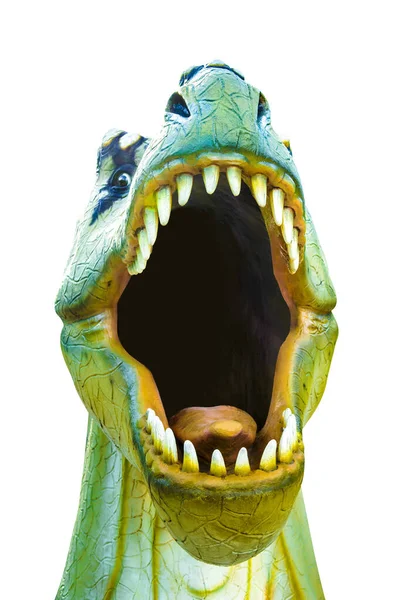 Modelo Dinossauro Com Boca Aberta Closeup Isolado Fundo Branco Caminho — Fotografia de Stock