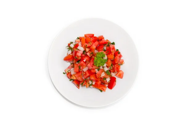 Taze domates salsa salatası beyaz tabak koyun Stok Resim