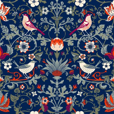 Sihirli orman çiçekler ve kuşlar