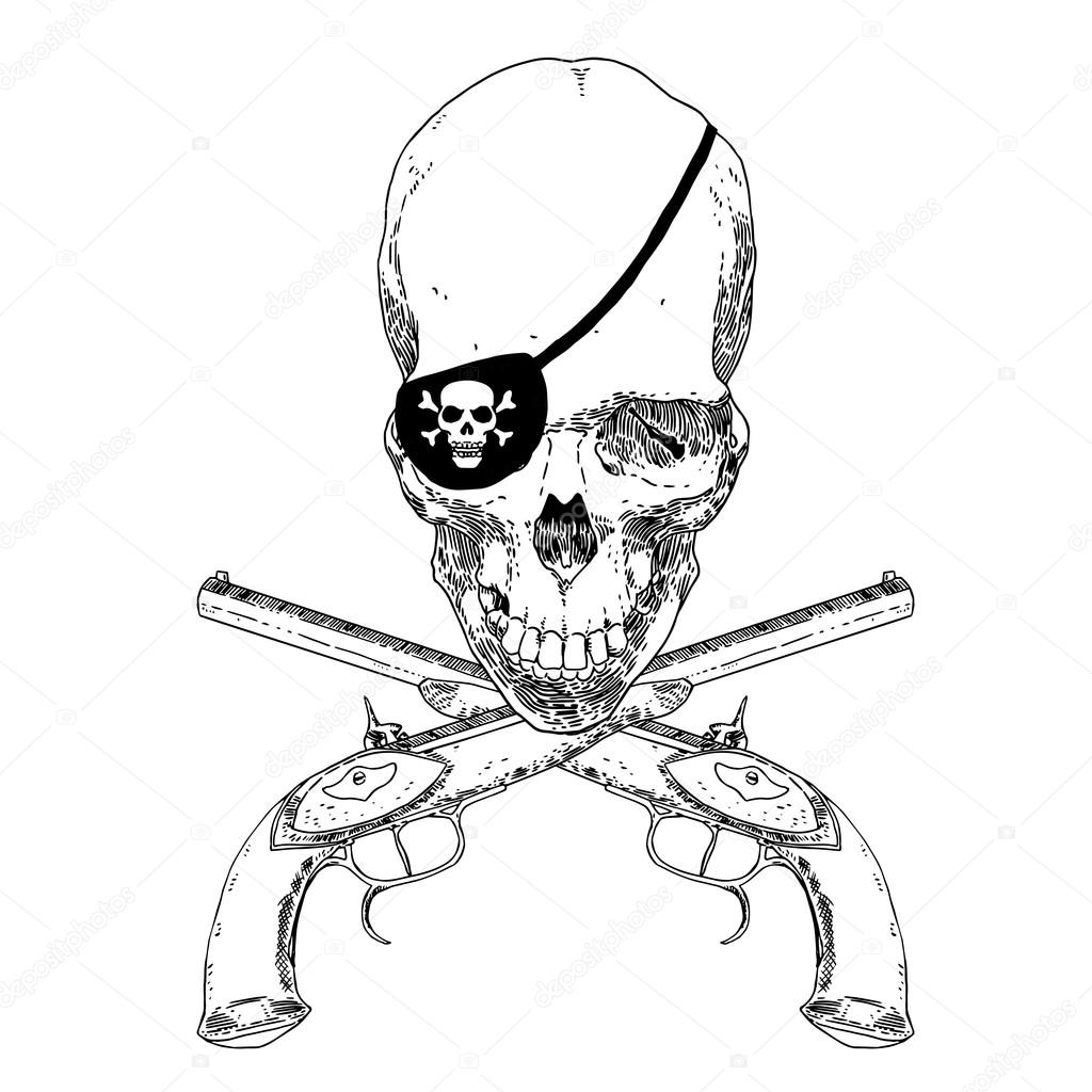 The Pirate Skull Jolly Roger. The vector image of piracy skull. Piracy flag with skull,  ribbon, hat, eyes patch and crossed pistols or sabers. Vector illustration.