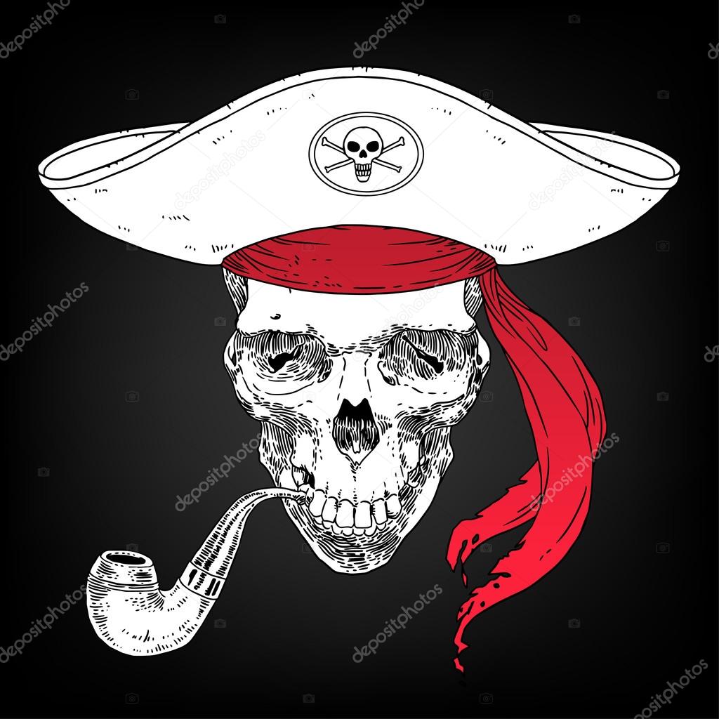 The Pirate Skull Jolly Roger. The vector image of piracy skull. Piracy flag with skull,  ribbon, hat, eyes patch and crossed pistols or sabers. Vector illustration.