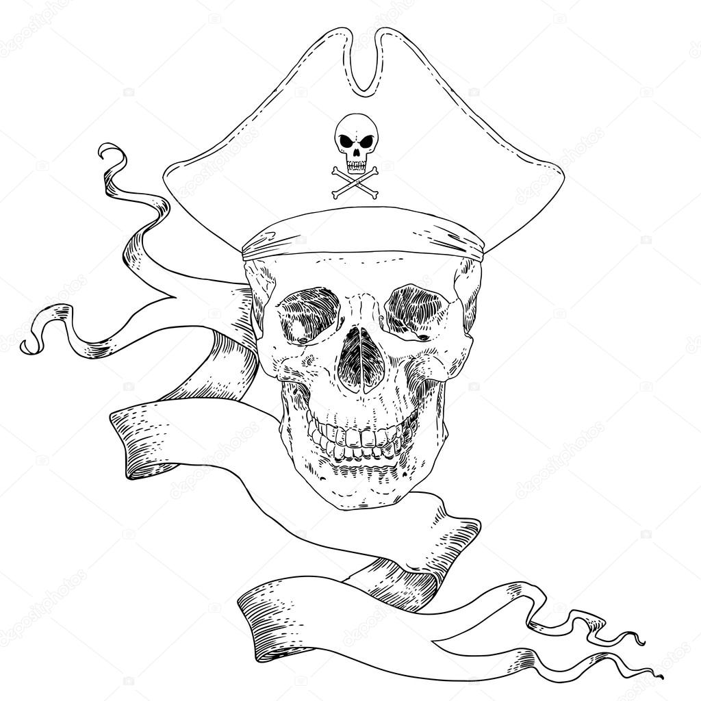 The Pirate Skull Jolly Roger. The vector image of piracy skull. Piracy flag with skull,  ribbon, hat, eyes patch and crossed pistols or sabers. Vector illustration.